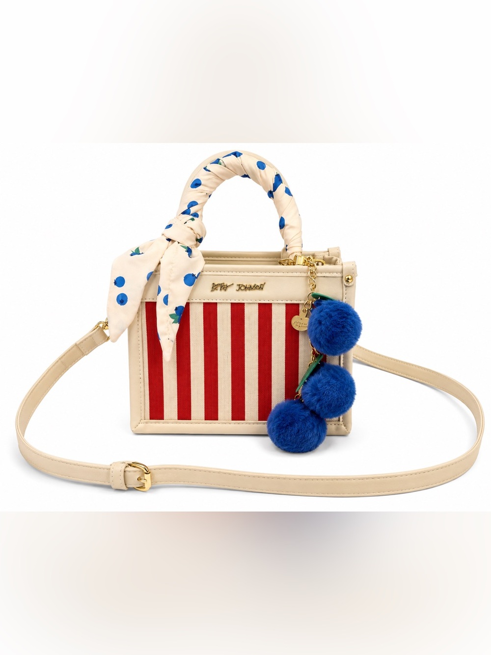 Betsey Johnson Cream, Red & Blue Striped Mini Crossbody with Blue Pom Poms